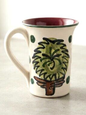 Hand Painted Ceramic Mug Folk Art Tree Burgundy Green Cottagecore Pottery 5 Inch